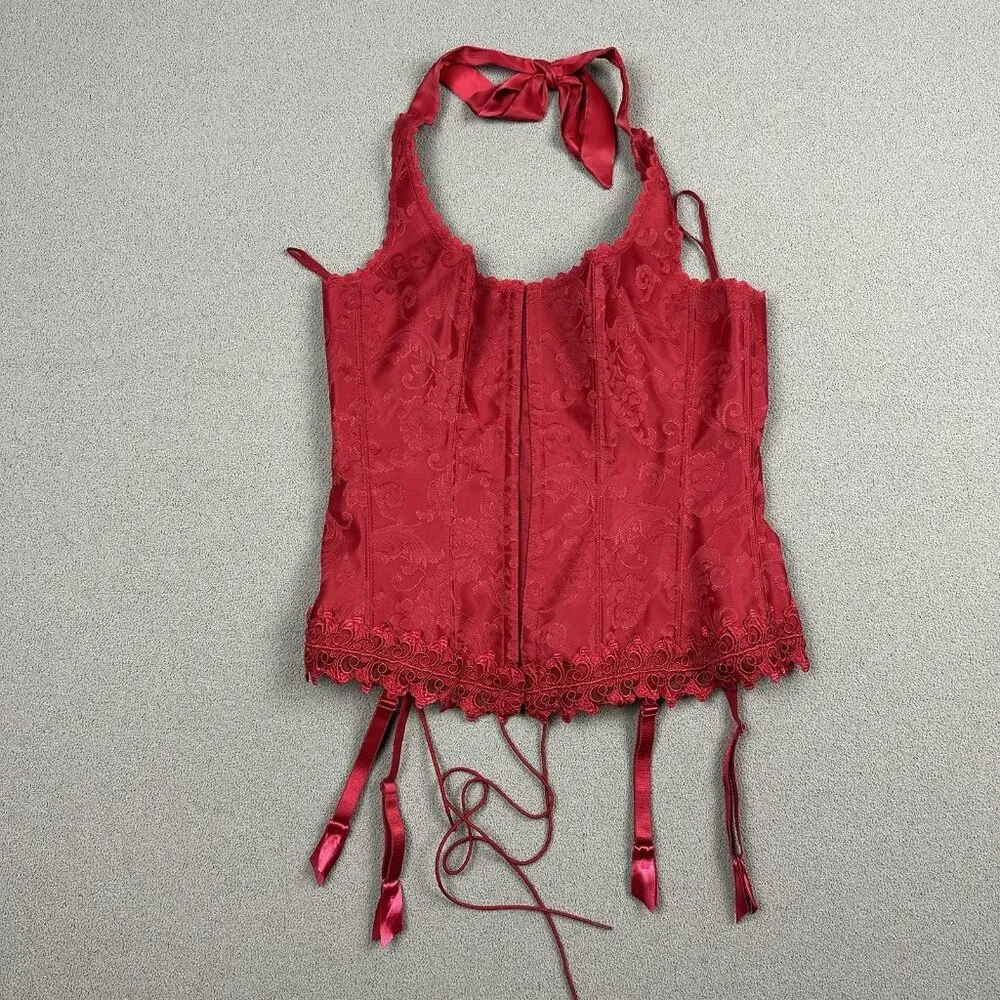 Fredericks Of Hollywood Dream Brocade Halter Corset Sz 36 Red Lace Up